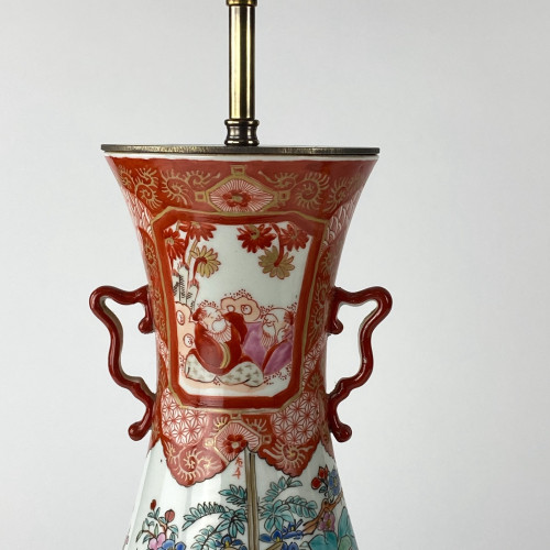Pair Of Medium Antique C1860 Orange Ceramic Tall Imari Lamps On Antique Brass Bases