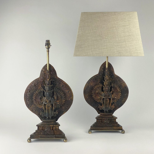 Pair Of Medium Brown Cast Bronze South Asian Lamps On Antique Brass Bases