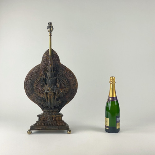 Pair Of Medium Brown Cast Bronze South Asian Lamps On Antique Brass Bases