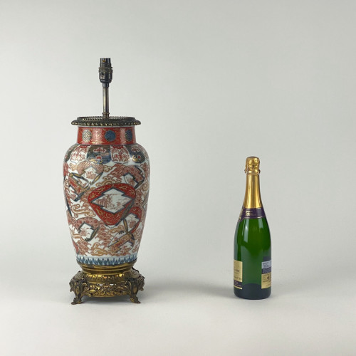 Pair Of Large Red Antique Imari Vase Lamps With Original Antique Brass Bases
