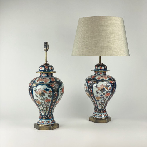 Pair Of Medium Black Antique Imari Lamps On Hexagonal Antique Brass Bases