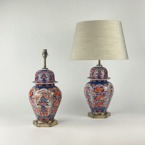 Pair Of Small Red Antique Hexagonal Imari Lamps On Antique Brass Bases With Very Minor Old Wear And Small Chips