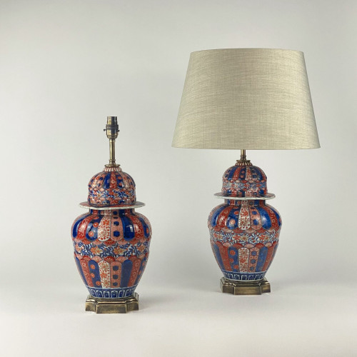 Pair Of Small Red Fluted Body Antique Imari Lamps On Antique Brass Bases With Minor Old Wear