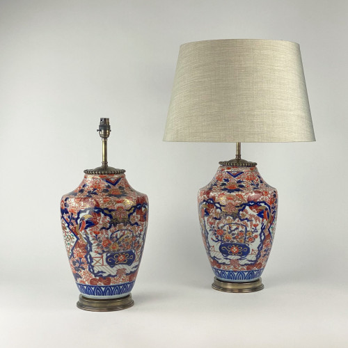 Pair Of Large Red Antique Imari Lamps On Antique Brass Bases