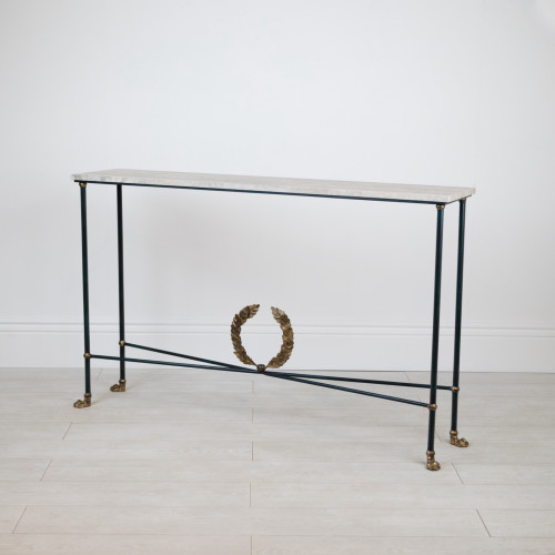 Wrought Iron 'Fred' Console In Green Painted Finish And Gold Highlights With Marble Top (T7629)