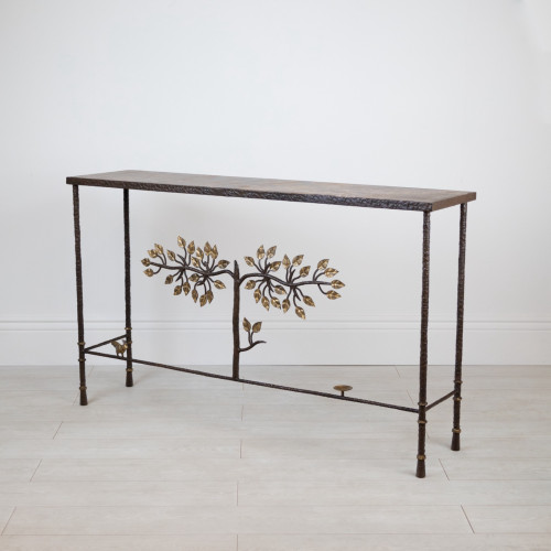 Giacometti Style Textured Wrought Iron 'Tree Of Life' Console In Brown Bronze Painted Finish With Distressed Gold Highlights, Bird And Bowl And Marble Top (T7630)