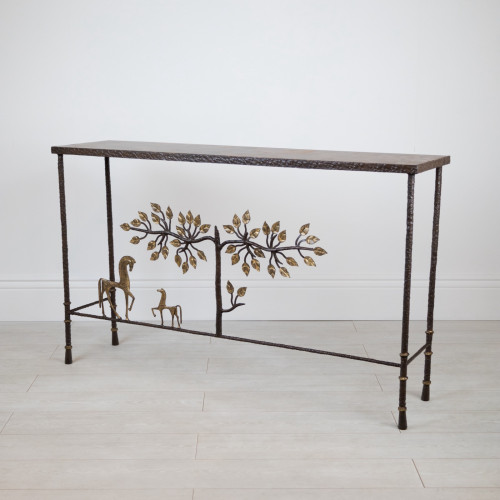 Giacometti Style Textured Wrought Iron 'Tree Of Life' Console In Brown Bronze Painted Finish With Distressed Gold Highlights, Horse And Marble Top (T7631)