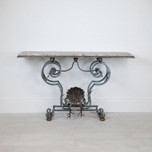 Wrought Iron 'Scallop' Console Table In The Style Of Gilbert Poillerat With Distressed Green Painted Finish And Marble Top (T7633)