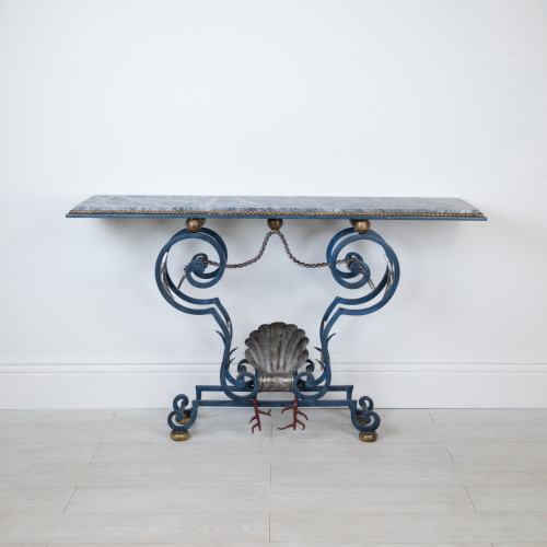 Wrought Iron 'Scallop' Console Table In The Style Of Gilbert Poillerat With Distressed Blue Painted Finish And Marble Top (T7634)