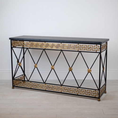 Wrought Iron Empire Style Console Table In Black Painted And Distressed Gold Finish With Marble Top (T7640)