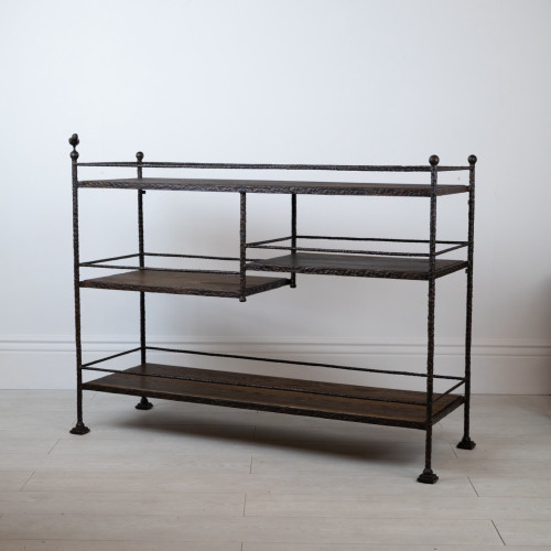 Giacometti Style Wrought Iron Drinks Trolley In Brown Bronze Finish With Dark Oak Shelves (T7648)