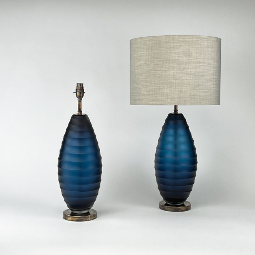 Pair Of Medium Blue Rollo Cut Glass Lamps On Antique Brass Bases