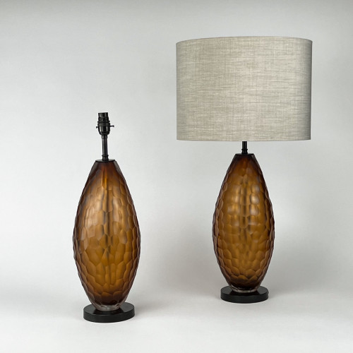 Pair Of Medium Amber Buttuto Cut Glass Lamps On Brown Bonze Bases