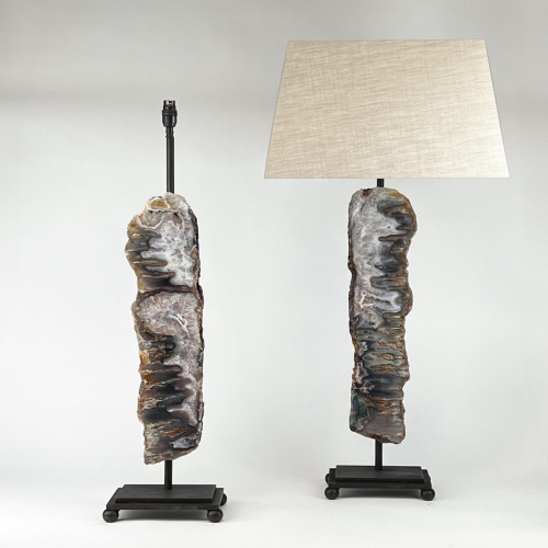 Pair Of Large Unusual And Rare Brown Agate Slice Lamps On Bronze Painted Iron Bases