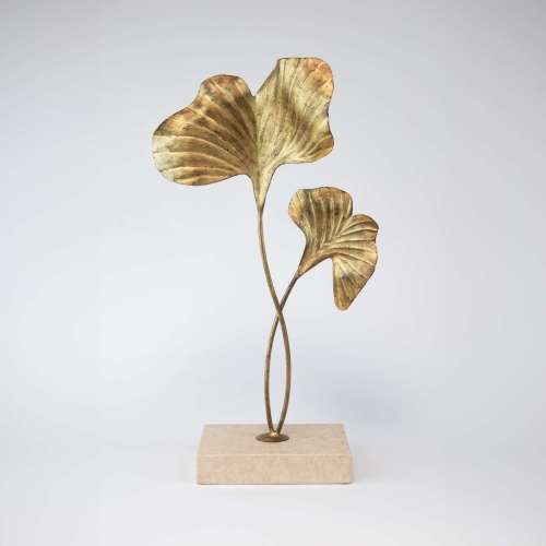 Ginkgo Leaf Table Sculpture in Distressed Gold Finish on Stone Base (T7766)