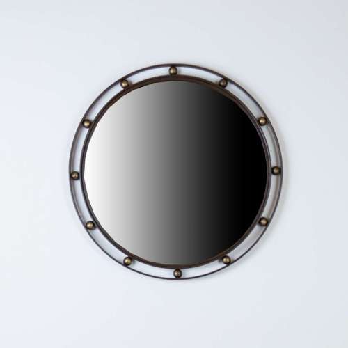 Wrought Iron 'Ball Bearing' Mirror in Brown Bronze Painted Finish With Distressed Gold Highlights (T7768)