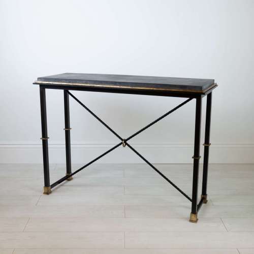 Wrought Iron 'Simple' Console Table In Black Painted Finish With Distressed Gold Highlights And Thick Reclaimed Slate Top (T7769)