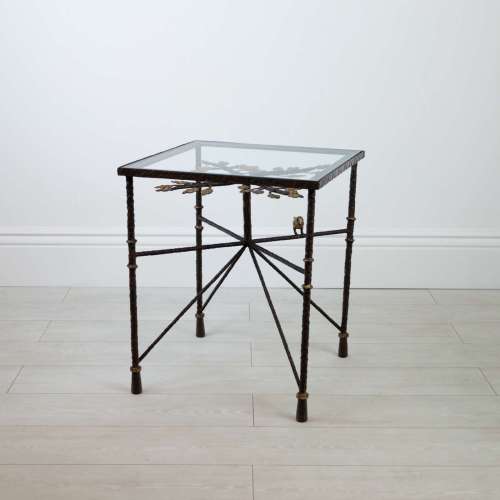 Single Wrought Iron 'Tree of Life' Side Table In Brown Bronze Finish With Distressed Gold Highlights And Glass Top (T7772)