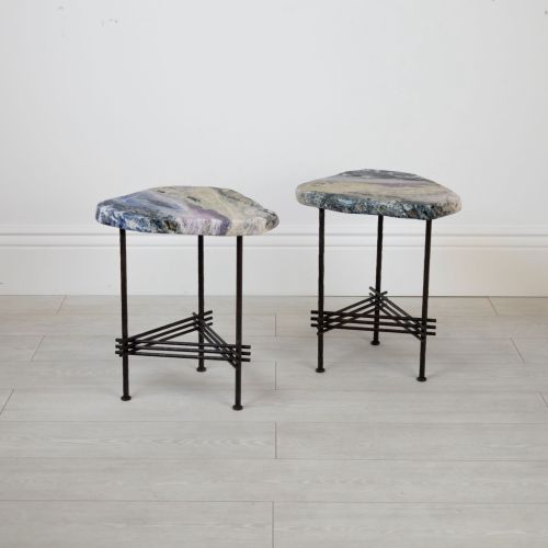 Pair of Purple/Blue Agate Side Tables With Brown Bronze Textured Iron Stretcher Bases (T7788)