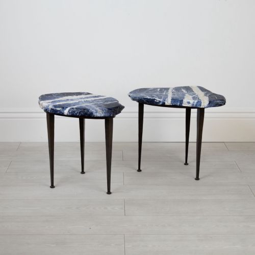 Pair of Blue Sodalite Side Tables With Brown Bronze Tapered Leg Bases (T7789)