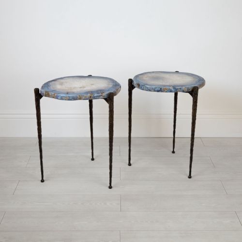 Pair of Blue Agate 'Taper Leg' Side Tables With Brown Bronze Finish And Agate Tops (T7790)