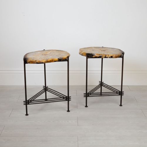 Pair of Orange Agate Side Tables With Brown Bronze Textured Iron Stretcher Bases (T7794)