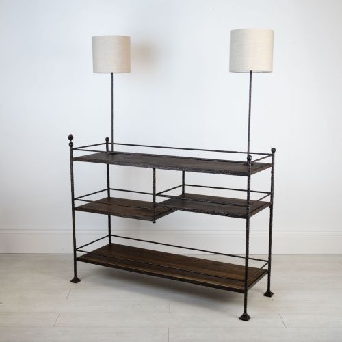 Giacometti Style Wrought Iron Drinks Trolley In Brown Bronze Finish With Dark Oak Shelves And Lamps (T7868)