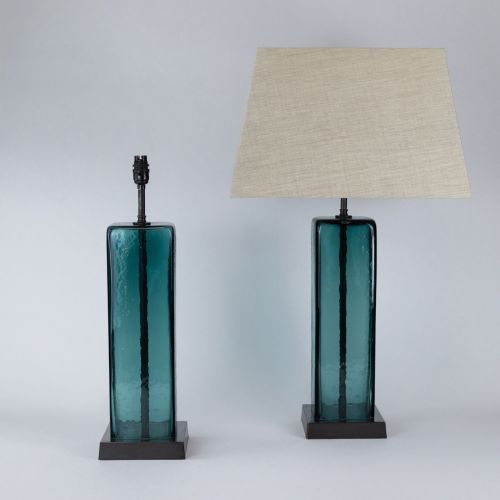 Pair of Teal Coloured Glass 'Box' Lamps on Brown Bronze Bases (T7999)