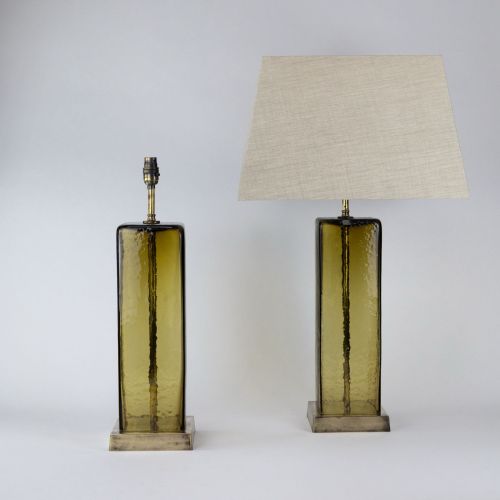 Pair of Olive Coloured Glass 'Box' Lamps on Antique Brass Bases (T8000)