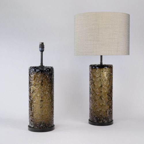Pair of Brown Coloured 'Frit' Glass Cylinder Lamps on Brown Bronze Bases (T8002)
