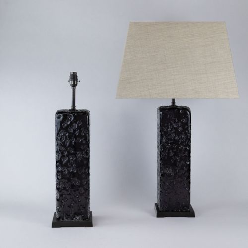 Pair of Black Coloured Frit Glass 'Box' Lamps on Brown Bronze Bases (T8003)
