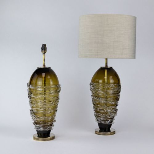 Pair of Large Olive Coloured Glass 'Candy Floss' Lamps on Antique Brass Bases (T8004)