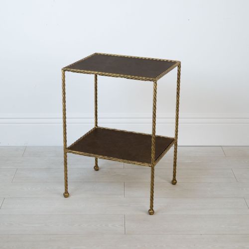 Wrought Iron Rope Twist Side Table With Brown Leather Tops (COM) And Gold Finish (T8012)