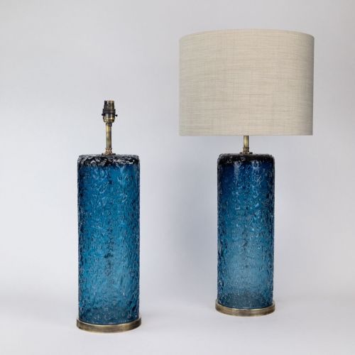 Pair of Blue Coloured 'Frit' Glass Cylinder Lamps on Antique Brass Bases (T8020)