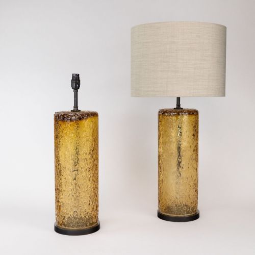Pair of Yellow Coloured 'Frit' Glass Cylinder Lamps on Brown Bronze Bases (T8021)