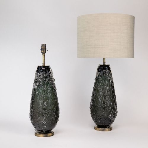 Pair of Large Dark Green Coloured Frit Glass 'Balloon' Lamps on Antique Brass Bases (T8022)