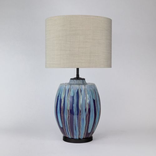 Single Blue Ceramic Mid Century French Lamp on Brown Bronze Base (T8025)