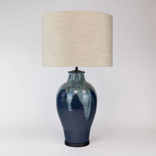 Single Navy Blue Ceramic Mid Century French Lamp on Brown Bronze Base (T8026)