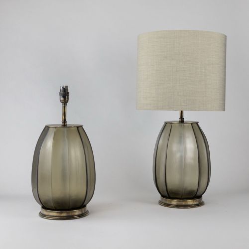 Pair Of Small Brown Moulded And Cut Glass 'Pumpkin' Lamps On Antique Brass Bases (T8042)