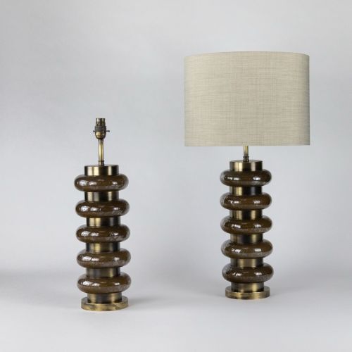 Pair Of Large Brown Bubbly Glass 'Doughnut' Lamps On Antique Brass Bases (T8078)