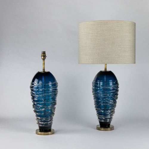 Pair Of Large Blue Glass 'Candy Floss' Lamps On Antique Brass Bases (T8085)