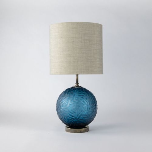Single Blue Cut Glass 'Ball' Lamp On Antique Brass Base (T8092)