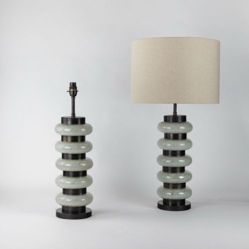 Pair Of Large White Coloured Bubbly Glass 'Doughnut' Lamps On Brown Bronze Bases (T8099)