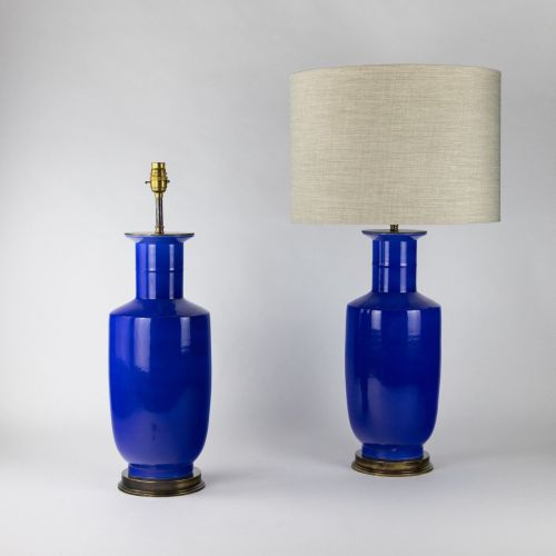 Pair Of Medium Blue Ceramic Lamps On Antique Brass Bases (T8103)