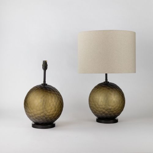 Pair Of Small Light Brown Cut Glass 'Ball' Lamps On Brown Bronze Bases (T8104)
