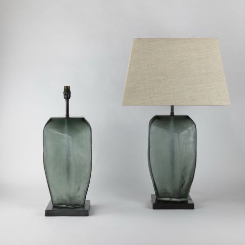Pair Of Medium Grey Cut Glass 'Abstract' Lamps On Brown Bronze Bases (T8109)