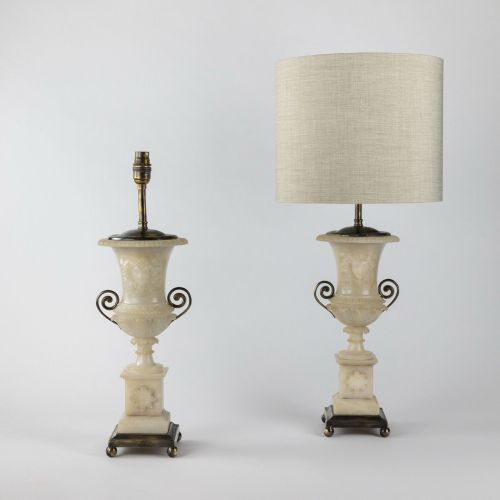 Pair of 19th Century Italian Carved Alabaster 'Urn' Lamps on Antique Brass Bases (T8224)