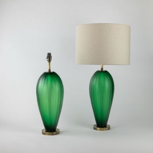 Pair of Medium Green Cut Glass Balloon Lamps on Antique Brass Bases (T8229)
