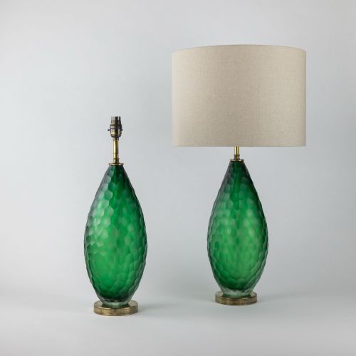 Pair of Medium Green 'Buttuto' Cut Glass Lamps on Antique Brass Bases (T8231)