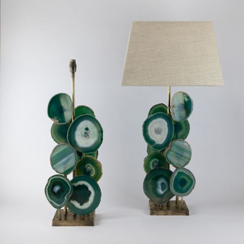 Pair Of Green Agate Disc Lamps On Antique Brass Bases (T8269)